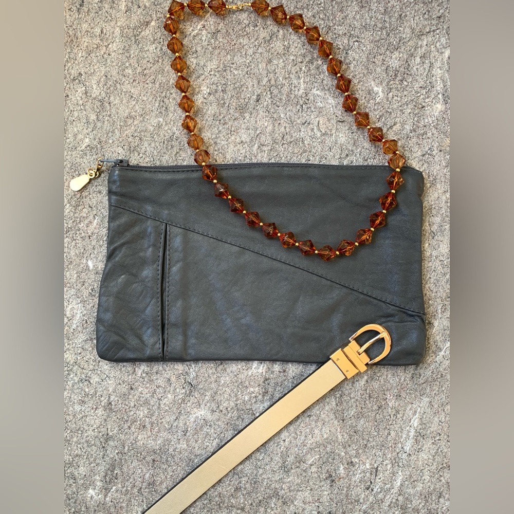 vintage dark grey gray genuine leather clutch pouch made in Italy